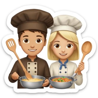 create a brunette boy and a blonde girl cooking emoji  sticker