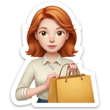 Shopping ginger woman pink cheeks long hair holding bags cream shirt sticker