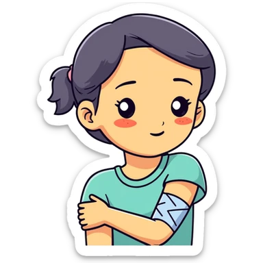 girl who is injured with  cast on arm and scratches on face with black eye  sticker