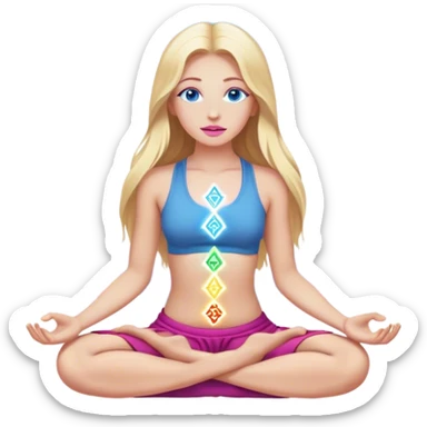 Cinematic realistic blonde with long hair, blue eyes and pink lips, meditating, her seven chakras glowing sticker