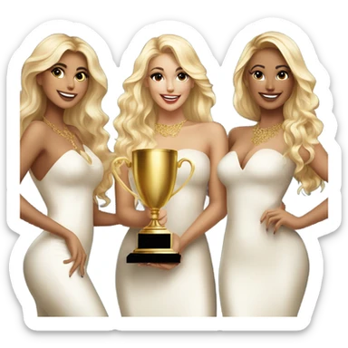 Seven beautiful and stylish blonde and Latina models celebrating with 1 huge gold trophy sticker