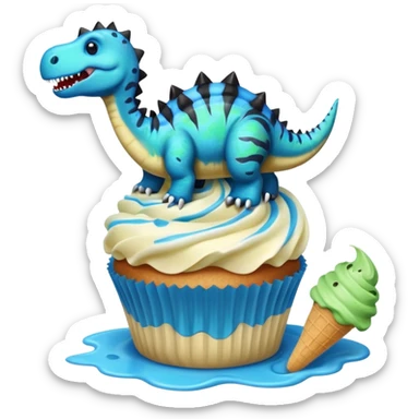A cupcake having blue and black icing and a dinosaur as a decoration and ice cream next to it sticker