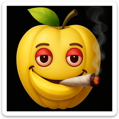 Add a cartoon joint with smoke to the smiley face made of apples as eyes and a banana as the mouth. Make it look like the face is smoking weed, keep the emoji style. sticker