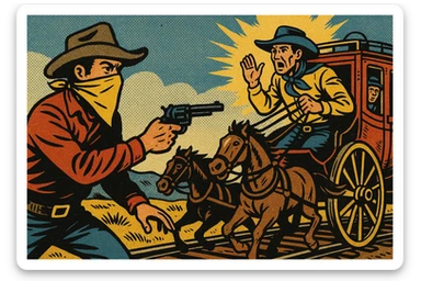 An American West stagecoach robbery scene on the tracks of the Great Plains sticker