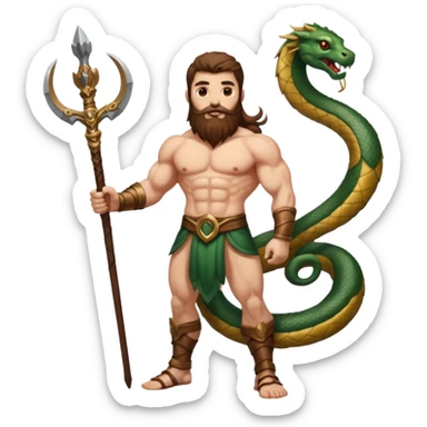 full body man long brown hair brown eyes medium beard white skin muscular build apple guardian with serpent staff sticker