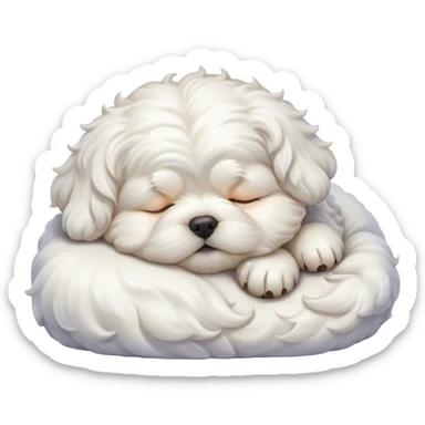 Cinematic Chubby Sleeping Wavy-Haired Maltese dog Portrait Emoji, Chubby and serene, with a round, adorable build and a soft, wavy-haired white coat, eyes gently closed in peaceful slumber, Simplified yet irresistibly endearing features, highly detailed, glowing with a gentle, dreamy glow, high shine, relaxed and content, stylized with a touch of whimsy, bright and heartwarming, soft glowing outline, capturing the essence of a blissfully sleepy companion, so comically serene it feels like it could roll out of the screen and snore with adorable charm! sticker