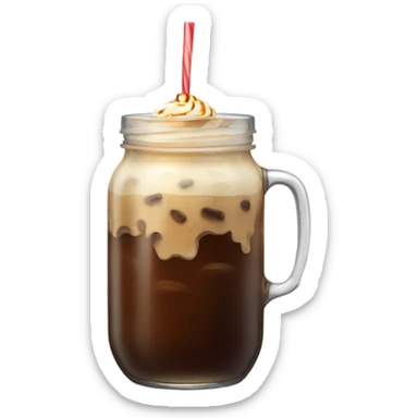 an iced coffee in a jar with cream on top sticker