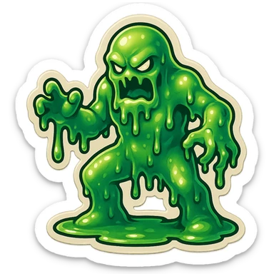 Slime monster. green slime. scary sinister. slime attacks. show full body. more dripping slime. talk humanoid slime creature. sinsiter and scary...green slime sticker