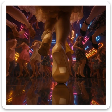 Night bar setting, people in dresses, camera positioned under the glass floor looking up at a 90-degree angle, capturing the feet and lower parts of the dancers. The scene should be vibrant and lively, with colorful lights and a bustling atmosphere. A girl in elegant shoes with a blank sticker on one sole. sticker