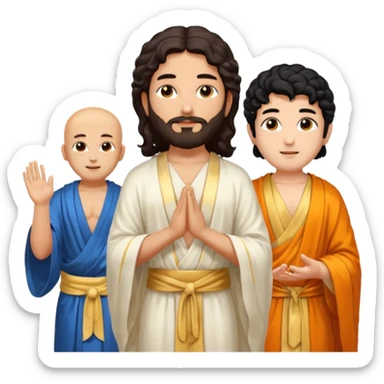 Create a Jesus, Krishna, and Buddha standing together. Jesus: long wavy dark-brown hair, short beard, wearing a simple white robe. 

 sticker