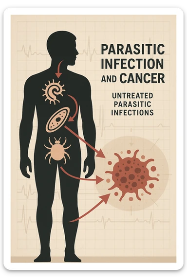 a man’s silhouette is filled with stylized images of parasites and tumor cells, connected by red lines or arrows to show cause and effect. The background features a medical chart or infographic about the dangers of untreated parasitic infections. The overall tone is serious and educational. scritto in italiano sticker