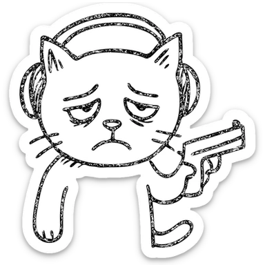 tired sad cat with headphones and gun, hand drawn outlined icon sticker