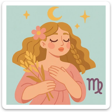 Virgo zodiac sign illustrated as a mystical maiden, soft pastel colors, dreamy aesthetic sticker