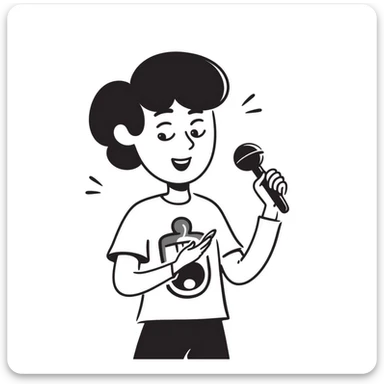 enthusiastic musician with wide smile holding microphone and pen, energetic expression sticker