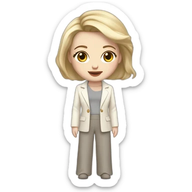 pale skin woman with ash blonde Straightened bob Hair, White Spacious classical jacket, beige palazzo Arrow pants and gray blouse holding a MacBook in the hands sticker