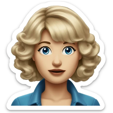 Medium length Dirty blonde big hair with bangs all across forehead and sides swept away from face woman of 60 with blue eyes  sticker