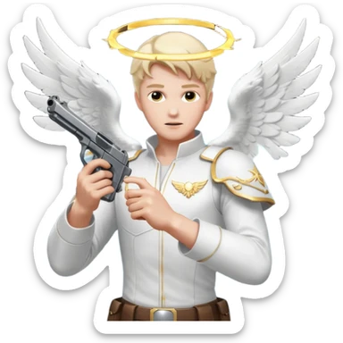 male Angel dual-wielding pistols, shooting, dynamic action pose, glowing wings, no background














 sticker
