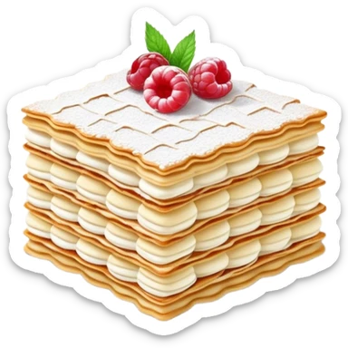 Cinematic delicate mille-feuille, thin crispy pastry layers filled with smooth vanilla cream, dusted with powdered sugar, elegant presentation, highly detailed and sophisticated. sticker