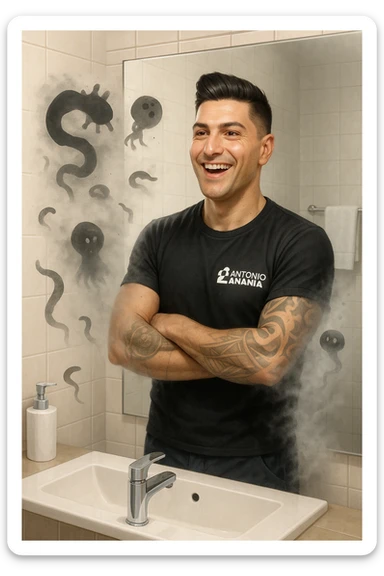 a man stands in a brightly lit bathroom, looking relieved and revitalized as he examines his reflection in the mirror. In the foreground, stylized, shadowy images of parasites (such as worms or protozoa) are shown leaving his body, dissolving into mist or fading away. His posture is upright and his expression is one of newfound energy and health. sticker