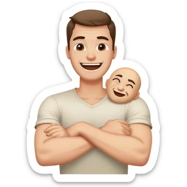 Arms crossed holding neck laughing guy a bit angry sticker