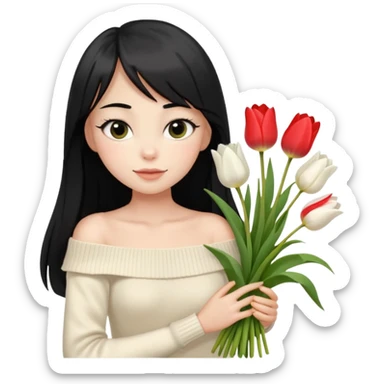 girl with long black hair, thin bangs, black eyes, cream off-shoulder sweater, holding a bouquet of white tulips sticker