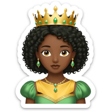 balck princess with black curly hair and a golden tiara. Green dress sticker