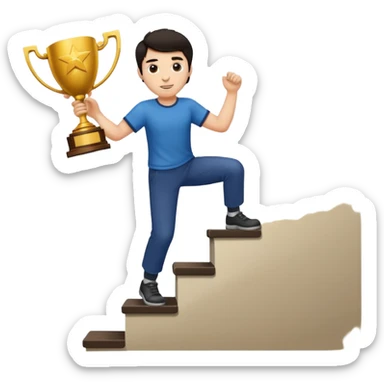 A man with fair skin and dark hair is climbing stairs to grab a trophy sticker