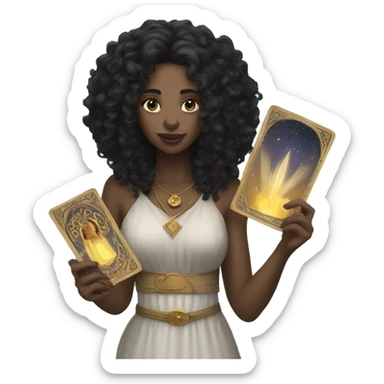A white women with black curly hair holding tarot cards sticker