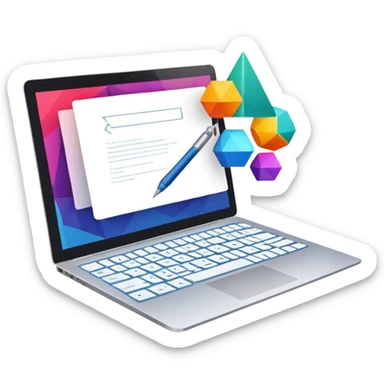 Professional icon for Graphic Design: a laptop with Photoshop open on the screen, displaying geometric shapes like spheres, cubes, and pyramids, along with a stylus. The icon should reflect the creative process in graphic design. Transparent background. sticker