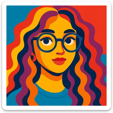 female face with long curls and glasses, young trendy style, bright palette sticker