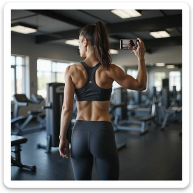 athletic woman in leggings and sports top in gym, doing triceps cable exercise, recording video check with smartphone for coach, gym with mirrors and machines, natural light, hyperrealistic details, 4K sticker