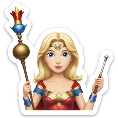 Blonde blue eyed Wonder Woman holding white orchestra conductor’s baton and bell sticker