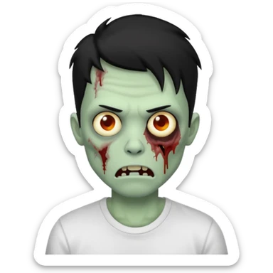 Rosto de frente classico de zombie boca meio torta cabelos pretos no corte low fade com pele verde clara camiseta branca sticker