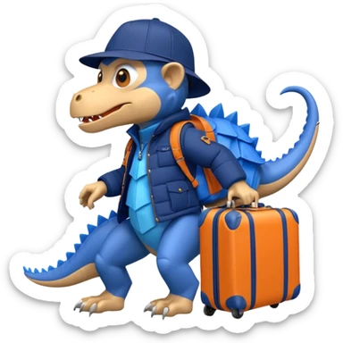 furious monkey in navy puffer jacket, gripping blue origami dinosaur suitcase on wheels, orange Jurassic Park cap, Android emoji style sticker