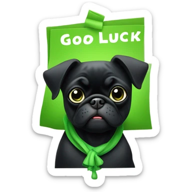 Black pug holding a green sign that says good luck  sticker