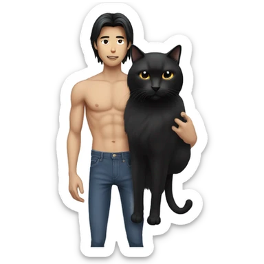 Skinny Model Long hair Asian man with abs holding black cat sticker