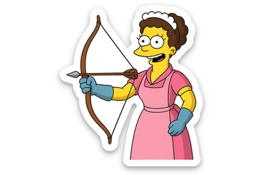 Regenerate the image keeping the same angle, facial expression, clothing, size ratio, and shapes, but replace the spray bottle in the hand with a medieval bow. Maintain the style and color scheme as in the original image. Transparent background. sticker