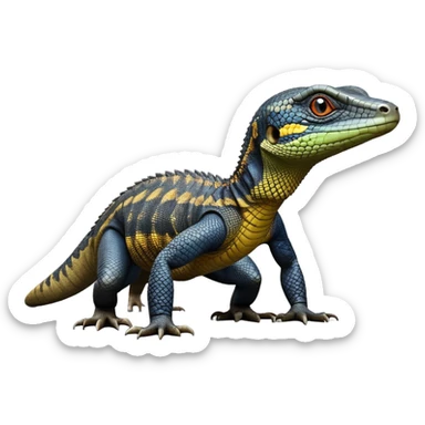 cinematic-monitor-lizard-realistic-full-body-standing on all fours-emoji,-long-powerful-tail-dragging-slightly-behind,-sleek-scaled-body-textured-with-rich-patterns and stripes,-head-tilted-dramatically,-dark-intense-eyes-observing-its-surroundings,-simplified-yet-realistic-focused-features,-highly-detailed,-glowing-with-an-almost-sarcastic-glow sticker