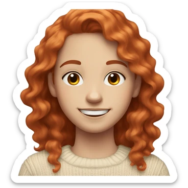 A teenager with white skin and mid length wavy red hair wearing a cream sweater who is smiling  sticker
