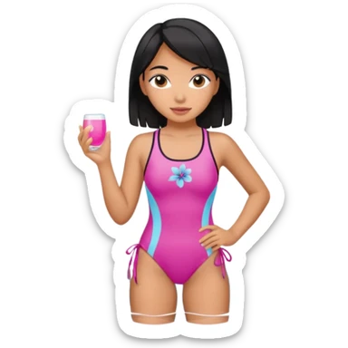 Hawaiian girl with black hair with pink highlights and a swimsuit sticker