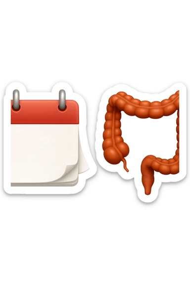 emoji stile iphone di un calendario con fogli che volano insieme a pezzi anatomici di colon umano, iperrealistico 4k, isolato su sfondo bianco sticker