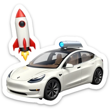 Tesla model 3 white. Two small rockets mounted flat on roof for extra propulsion sticker