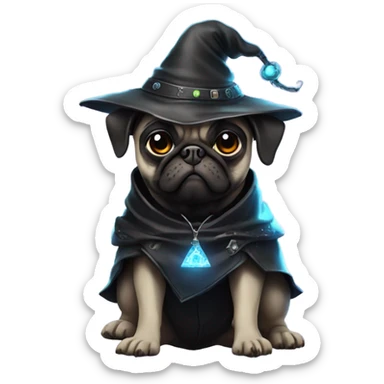 cyberpunk pug wearing a black wizard's hat sticker