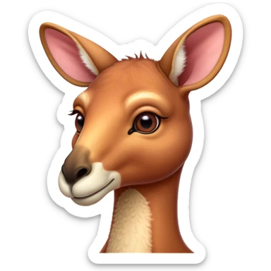 Cinematic Cute Adult Red Kangaroo Portrait Emoji, Head tilted playfully and inquisitively, showcasing a charming, robust build with soft reddish fur and a uniquely camel-like head featuring a gentle, elongated snout and rounded ears, with large, sparkling eyes full of wonder, Simplified yet irresistibly adorable features, highly detailed, glowing with a warm, friendly glow, high shine, affectionate and lively, stylized with a touch of outback whimsy, soft glowing outline, capturing the essence of a mischievous yet loving kangaroo that seems as if it could hop out of the screen into your arms! sticker