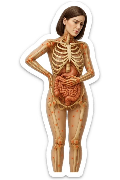 donna realistica a figura intera con red spot sparsi alle ossa, ossa del corpo visibili sul corpo, non sul volto iperrealistico 4k sticker