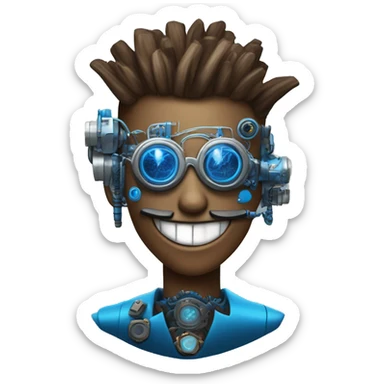 Brown cyborg head with blue Mohawk, blue beard, silver steampunk monocle goggles a smile and circuits sticker