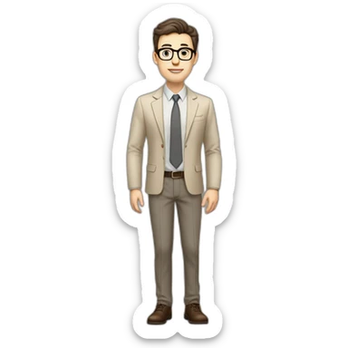 Full height Gesticulating Pale skinned fit man with dark brown hair in gray jacket, beige office shirt, brown tie, brown pants and vintage glasses. sticker