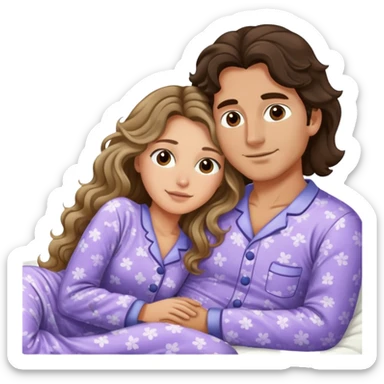 Man with dark brown wavy hair and one woman with long dark blond wavy hair in bed cuddling  sticker