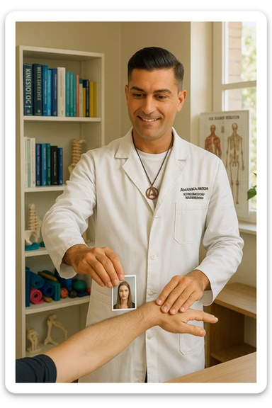 a middle-aged man, dressed in casual professional attire, is in a bright, organized therapy studio. Durante una visita di kinesiologia, il ragazzo tiene con una mano la foto di una persona lontana (il “testimone”) tiene la foto in mano, mentre con l’altra mano esegue un test muscolare su un cliente presente senza foto. Sullo sfondo si vedono libri di kinesiologia, poster anatomici e strumenti tipici della disciplina. L’atmosfera è concentrata e serena, con luce naturale che entra dalla finestra, sottolineando l’aspetto alternativo e umano della pratica. sticker