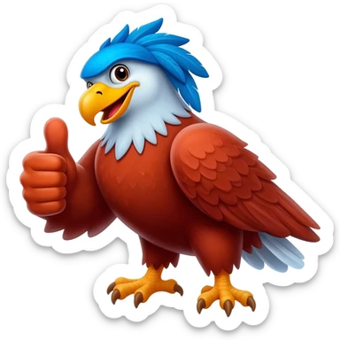 3D emoji of a red eagle giving a big thumbs up, blue feathers on head, cheerful expression, white background, sticker style. sticker